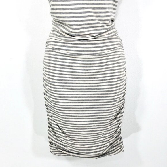 Athleta Topanga Striped Ruched T Shirt Dress Sz XS Stretchy V Neck Gray/White - Picture 4 of 13